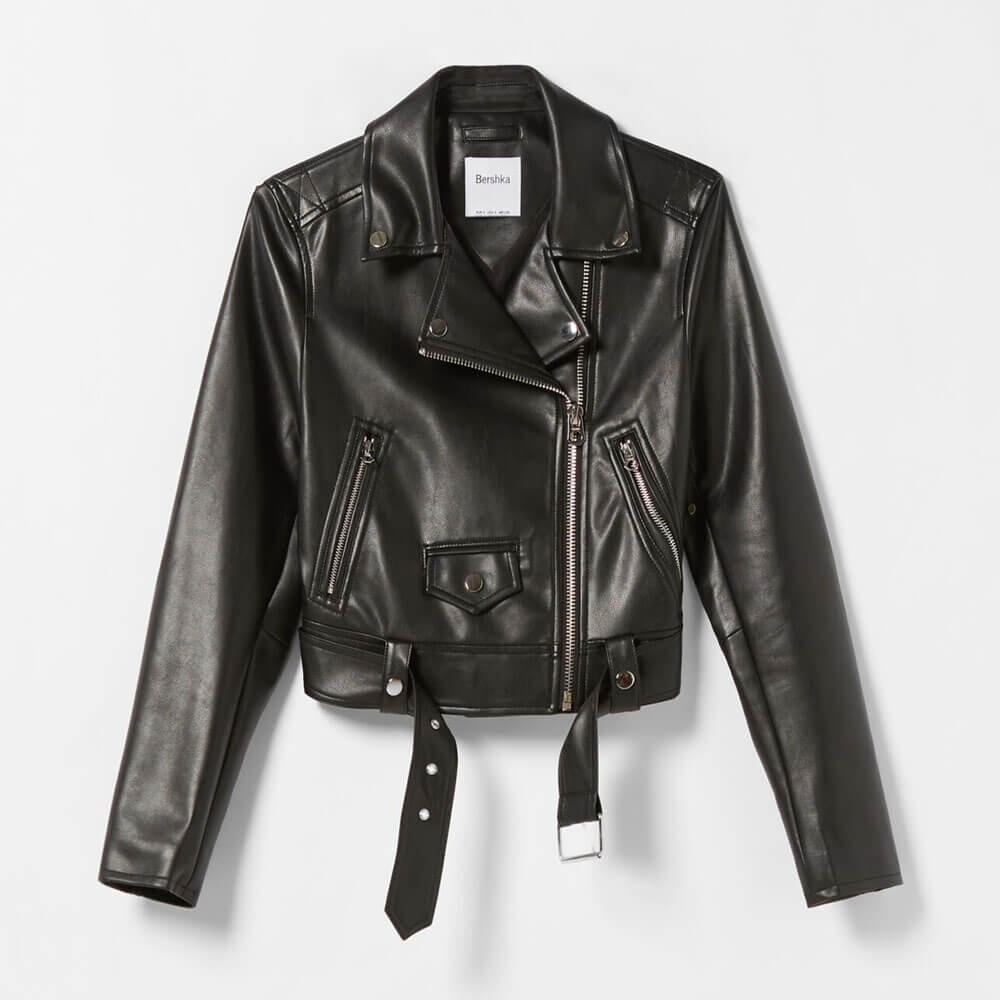 

Куртка Bershka Belted Faux Leather Biker, черный