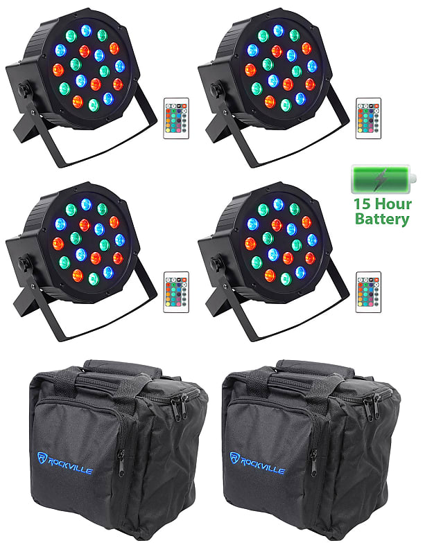 (4) Rockville BATTERY PAR 50 Перезаряжаемые светодиодные прожекторы DMX DJ Wash Up + Пульты + Сумки (4) BATTERY PAR 50+(2) RLB90