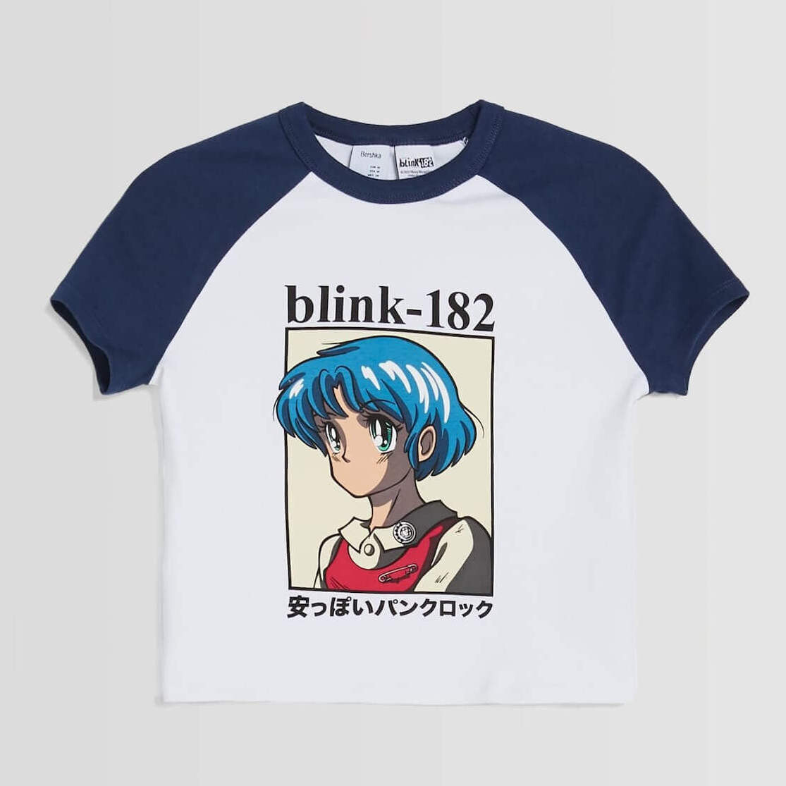 

Футболка Bershka Short Raglan Sleeve Blink-182 Print, темно-синий