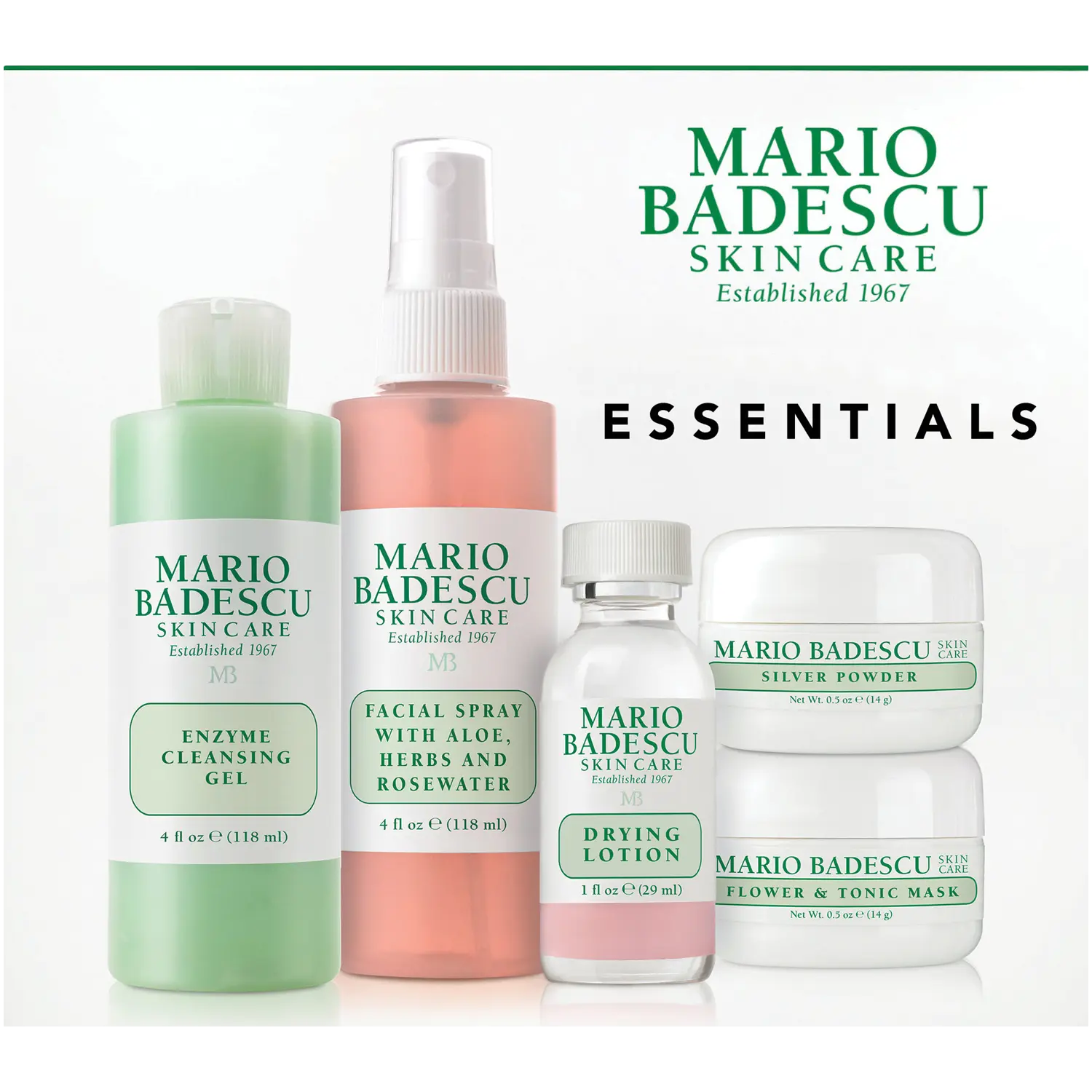 

Mario Badescu набор: гель для лица, 118 мл + спрей для лица, 118 мл + тоник для лица, 28 мл + маска для лица с пудрой, 14 г + маска для лица с глиной, 14 г