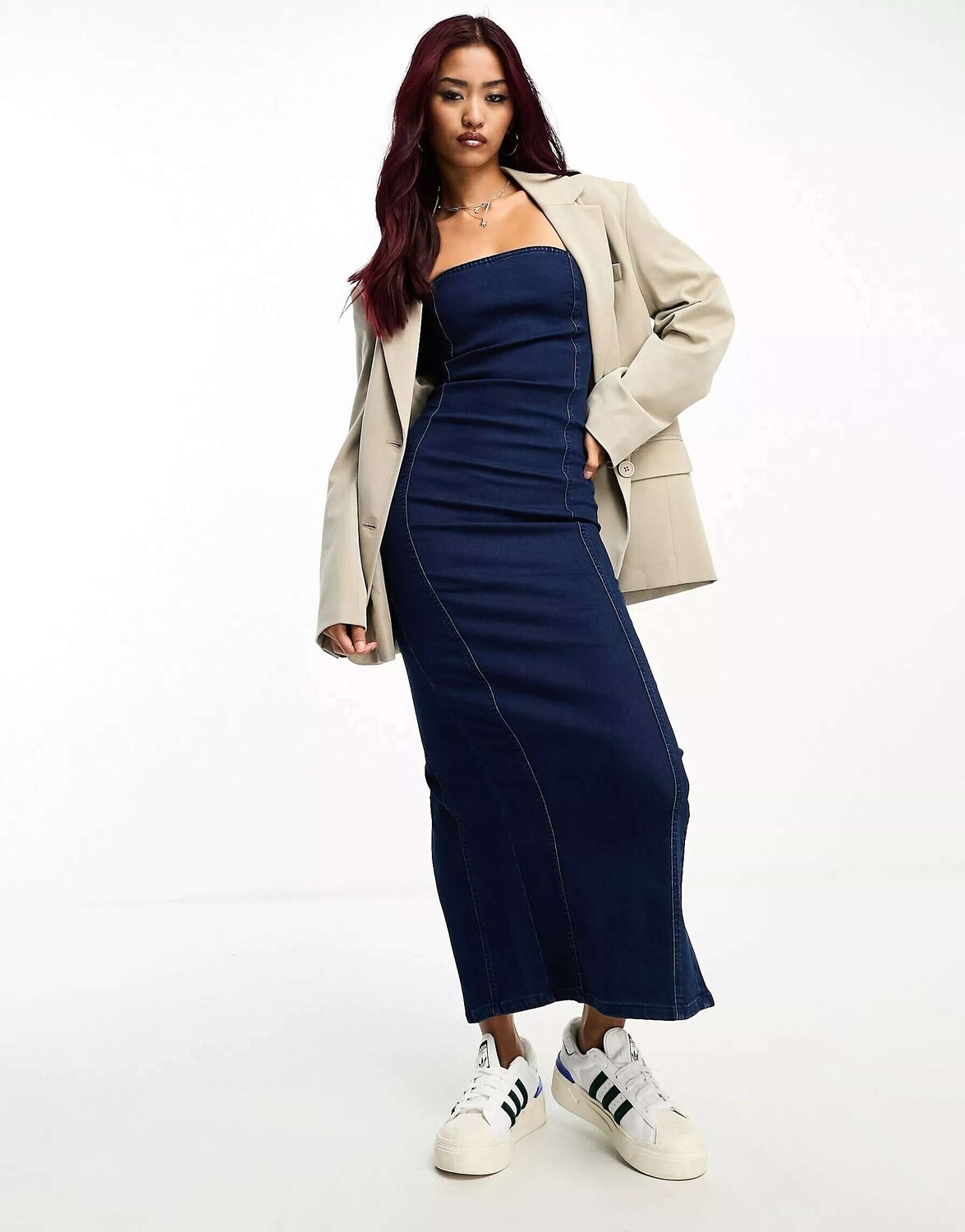 

Платье макси из бесшовного денима стрейч синего цвета индиго Pull&Bear