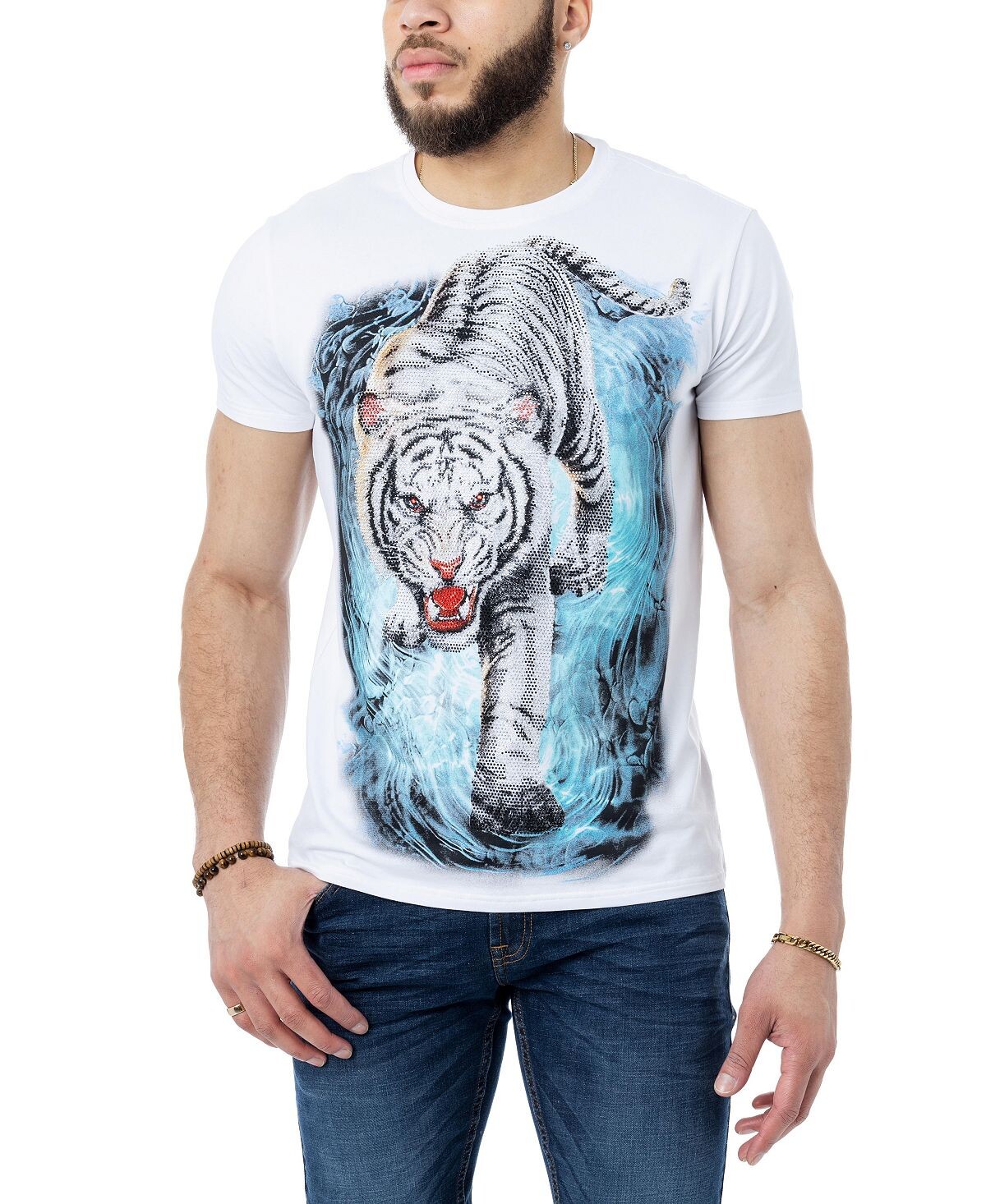 

Мужская футболка со стразами white tiger on water X-Ray, белый