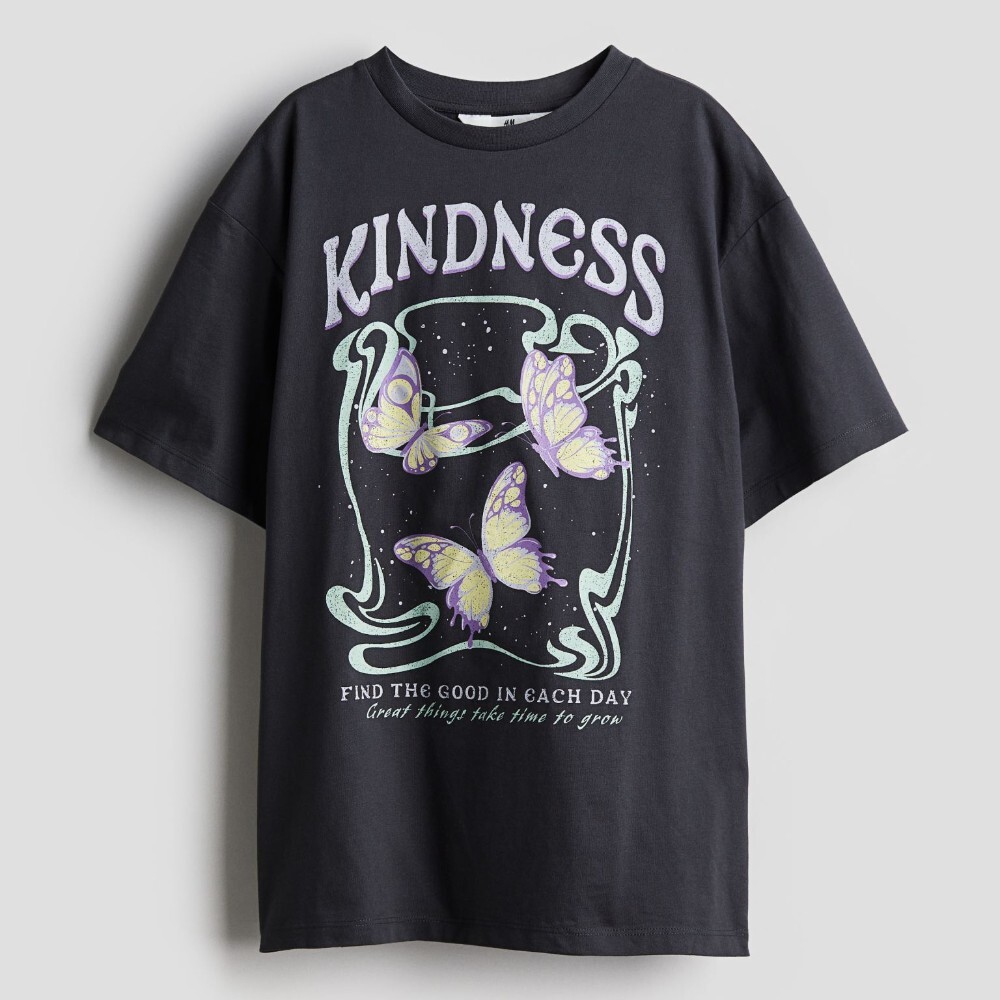 

Футболка H&M Kids Oversized Printed Kindness, темно-серый