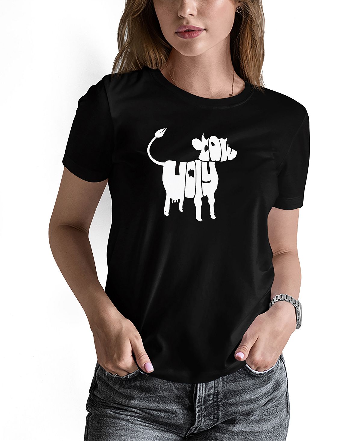 Женская футболка с надписью holy cow word art LA Pop Art, черный розовая корова плюшевая кожа клубника корова милая клубника корова кукла