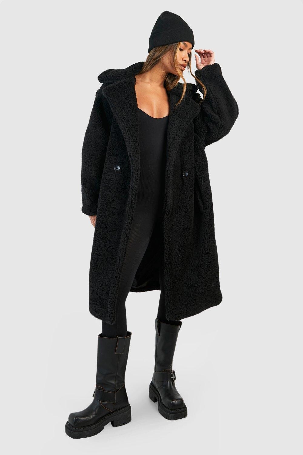 

Объемное пальто из искусственного меха Тедди boohoo, черный