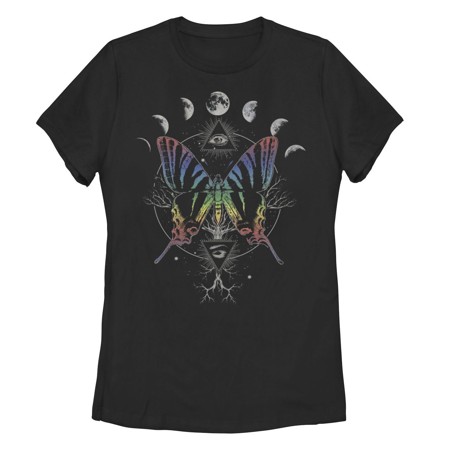 Детская футболка с радужной бабочкой и фазами луны, черный