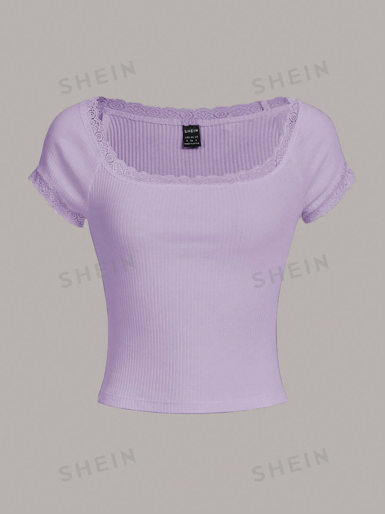 цена SHEIN Qutie Женская трикотажная футболка с короткими рукавами и кружевным краем, сиреневый фиолетовый