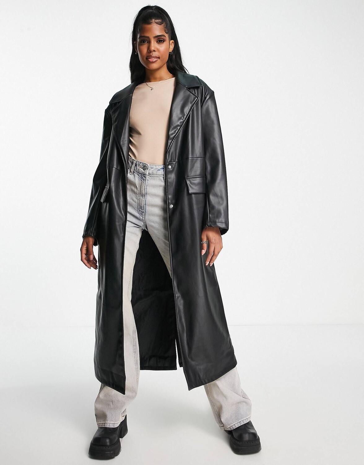 

Черный тренч из искусственной кожи ASOS DESIGN