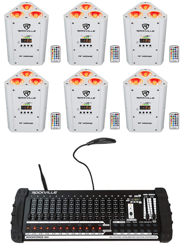 Комплект Rockville RF WEDGE WHITE RGBWA + UV Wireless DMX Up Lights + 384 Ch, Контроллер RF WEDGE WHITE + Rockforce W4