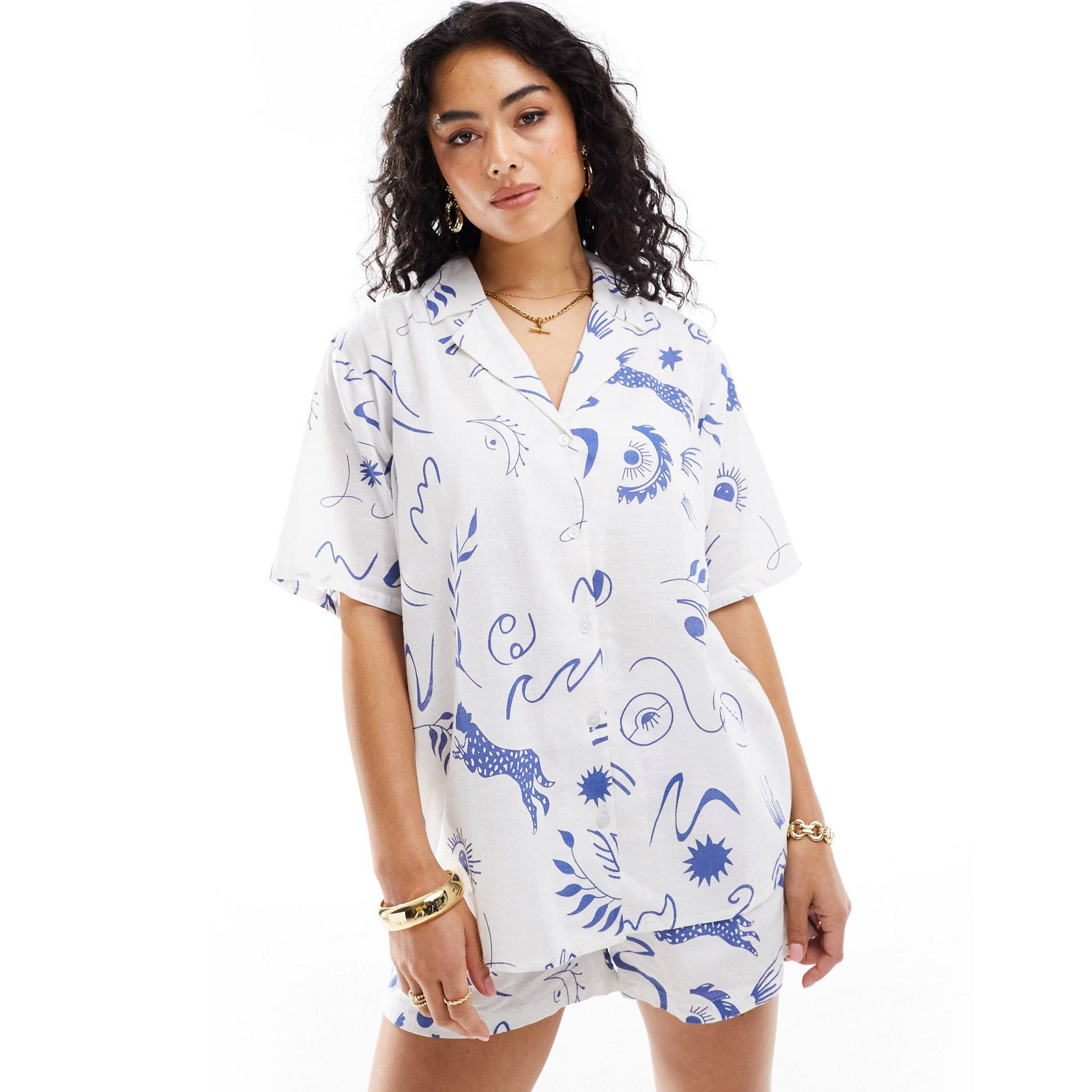 Рубашка Iisla & Bird Printed Short Sleeve Beach Co-ord, белый/синий