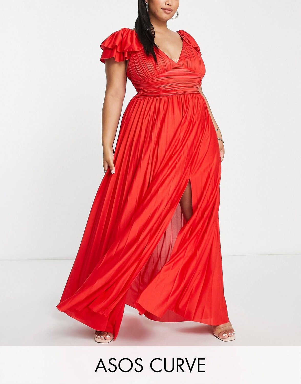 

Красное плиссированное платье макси с оборками на рукавах ASOS DESIGN Curve