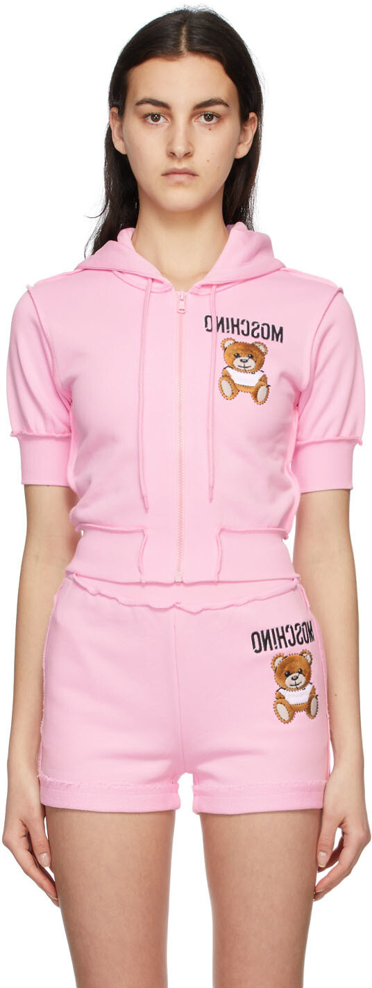 

Розовый - Укороченный худи на молнии с плюшевым мишкой наизнанку Moschino
