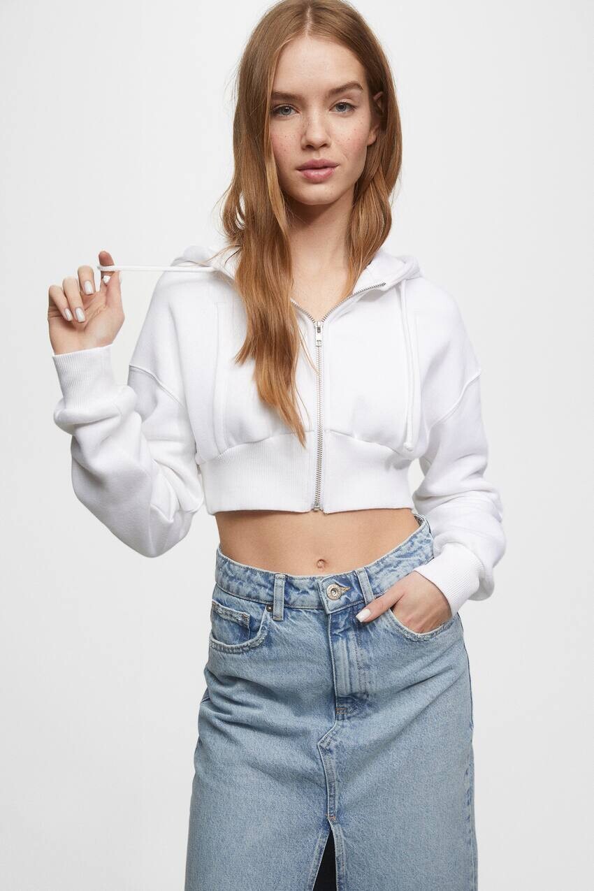 

Укороченная толстовка с капюшоном на молнии Pull&Bear, белый