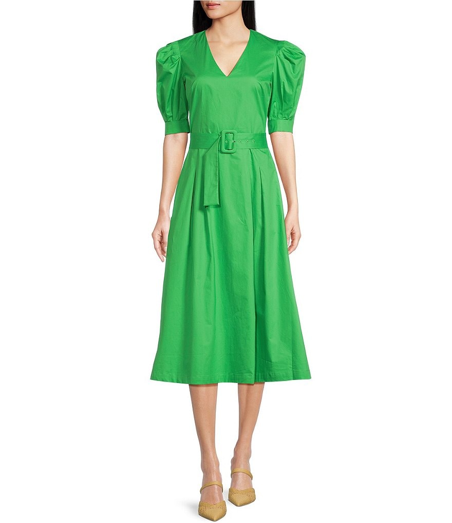 Tara Jarmon Ranya Поплиновое тканое платье трапециевидной формы миди с короткими рукавами и v-образным вырезом с поясом, зеленый