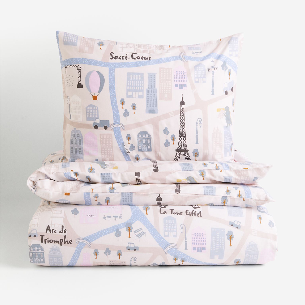 Комплект односпального постельного белья H&M Home Patterned Map of Paris, белый