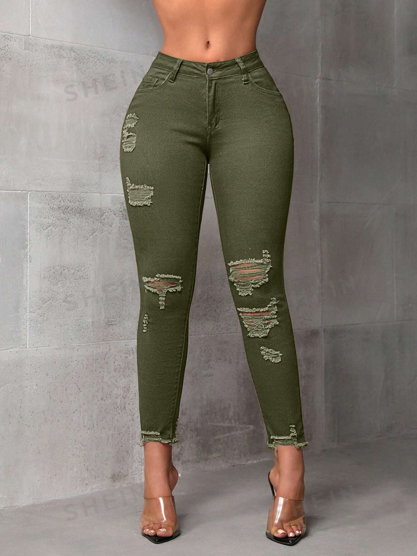 цена SHEIN Unity - женские рваные джинсы узкого кроя с девятью точками, армейский зеленый