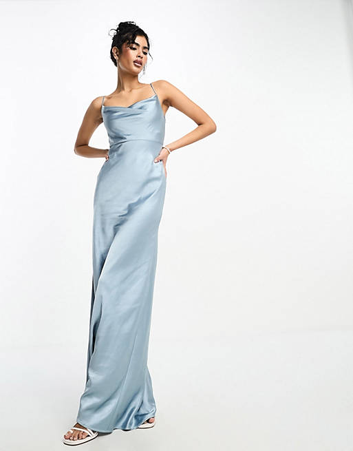 цена Атласное платье-комбинация с капюшоном и капюшоном Six Stories Bridesmaids пыльно-синего цвета