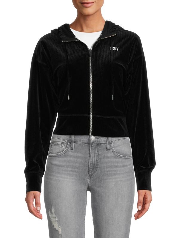 

Толстовка Dkny Sport платиновая велюровая с капюшоном на молнии спереди, черный