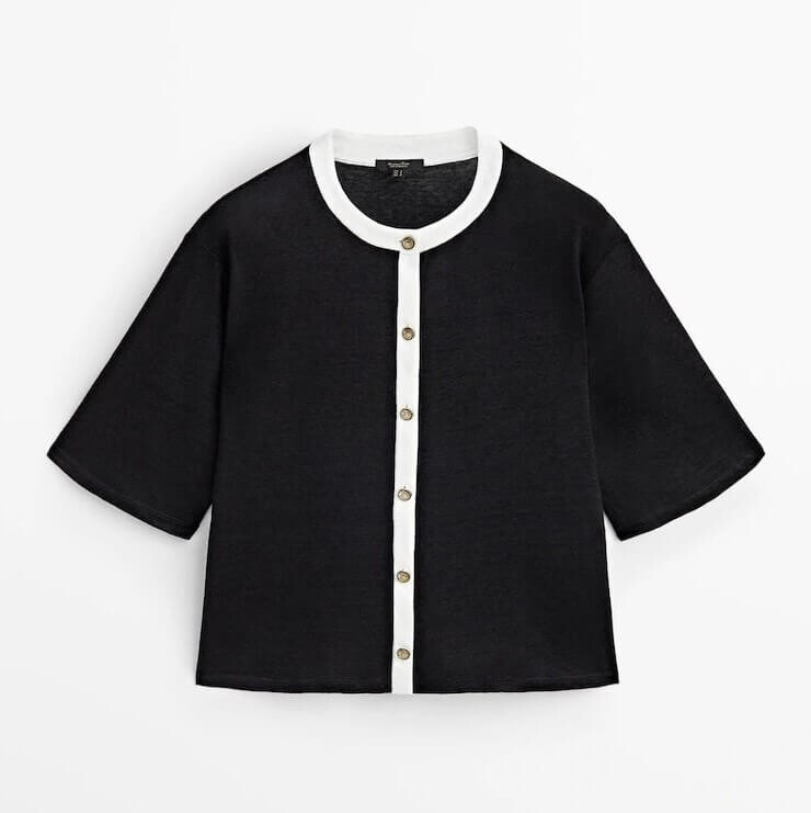 

Футболка Massimo Dutti Contrast Buttoned Linen, черный/белый