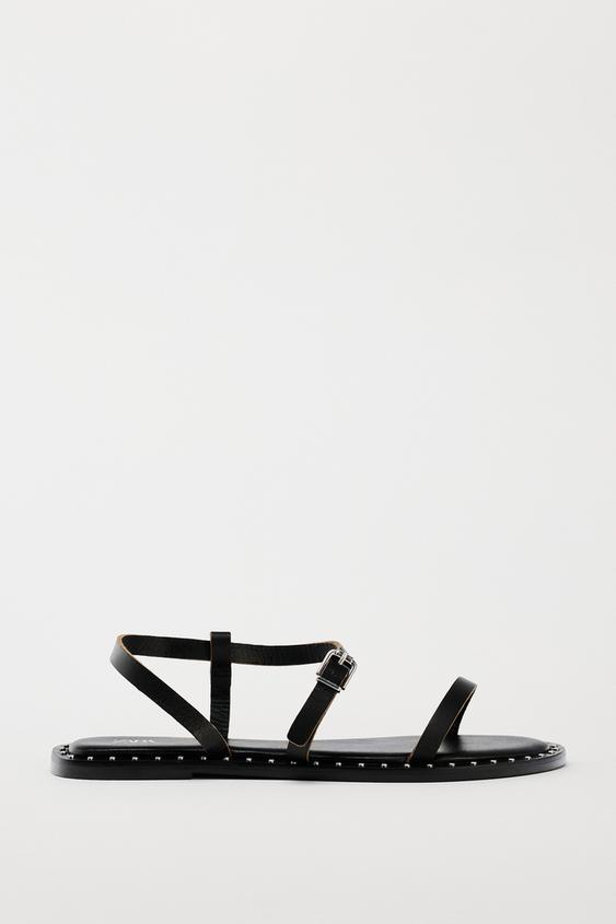 Сандалии Zara Flat Leather Slider, черный цена и фото