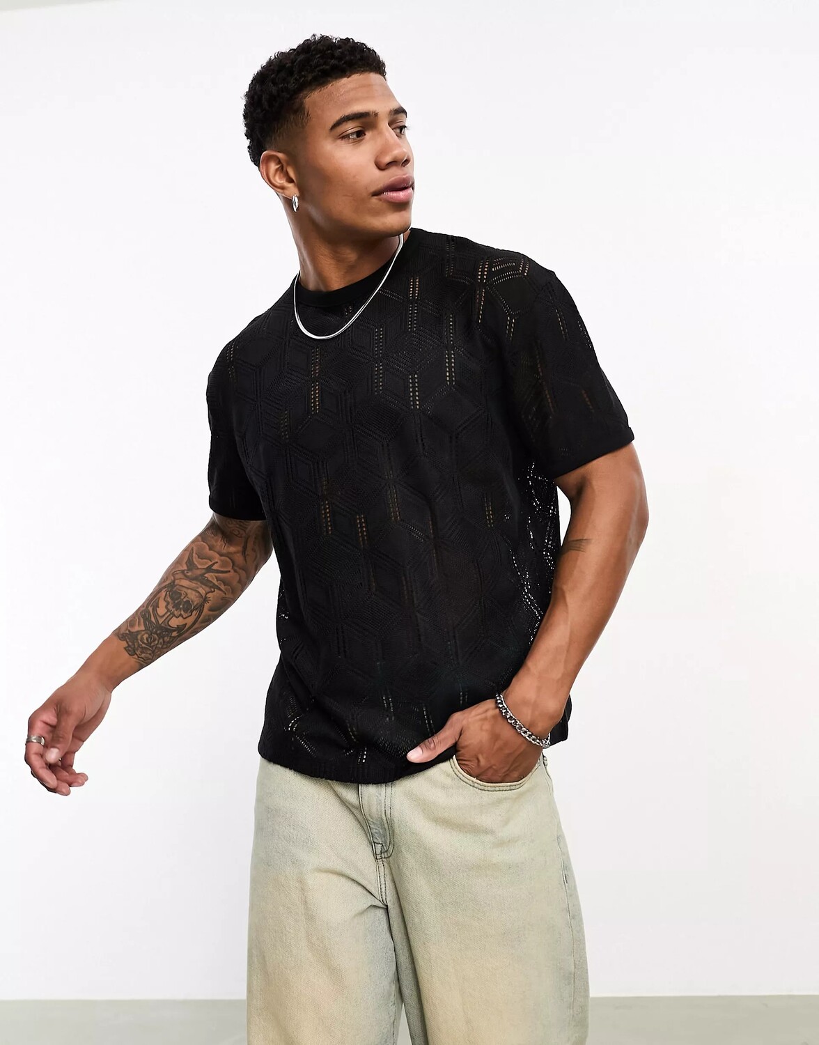 

Футболка Asos Design Relaxed Crochet Fabric, черный