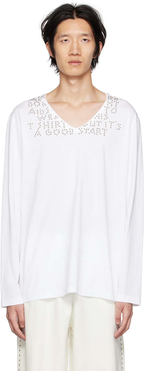 

Белая футболка с длинным рукавом с заклепками MM6 Maison Margiela, Белый