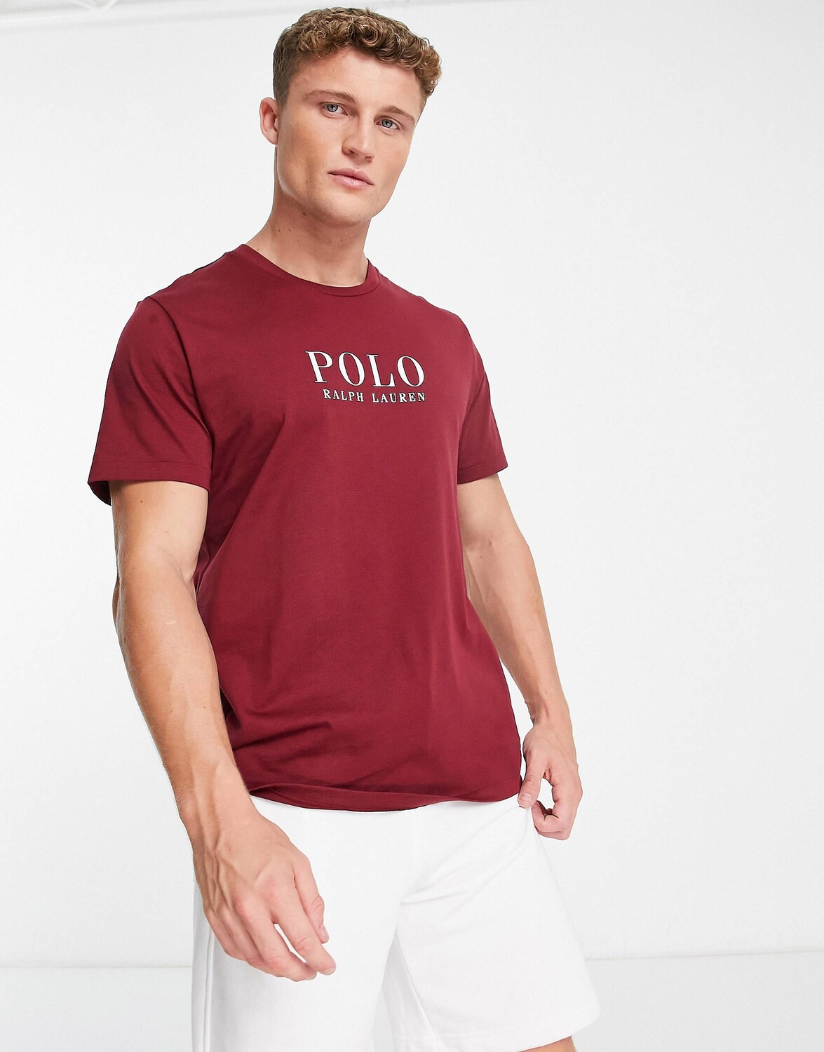 

Бордовая футболка для отдыха Polo Ralph Lauren с текстовым логотипом на груди