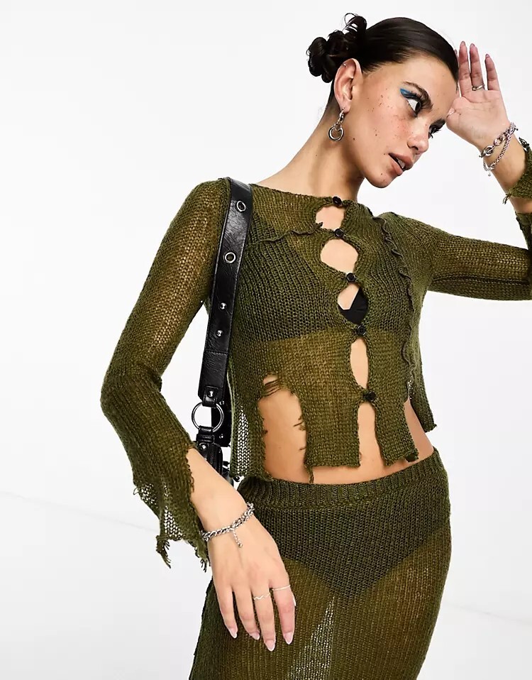 

Кардиган Collusion Open Stitch Distressed Knitted, хаки