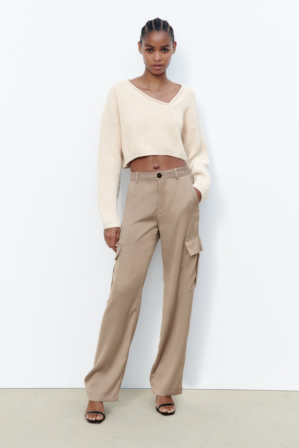 

Атласные брюки карго ZARA, песок