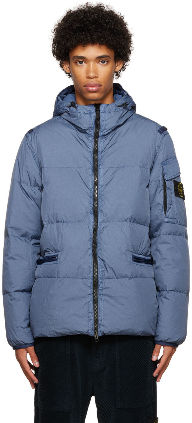 

Синий пуховик из мятого репса Stone Island