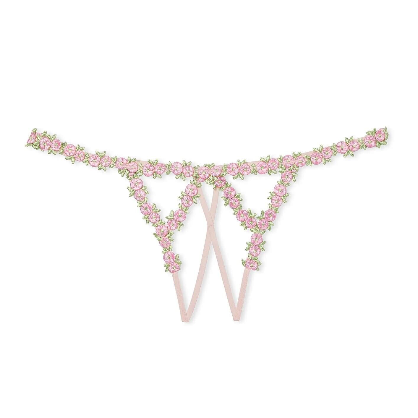 

Трусики-стринги Victoria's Secret Dream Angels Rosebud Embroidery Crotchless, бежевый/розовый
