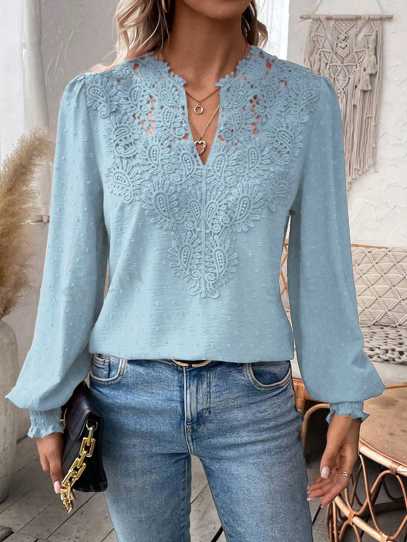 SHEIN Privé Женская кружевная рубашка в стиле пэчворк с рукавами-фонариками, синий