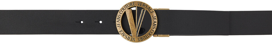 

Черный круглый двусторонний ремень с V-образной эмблемой Versace Jeans Couture