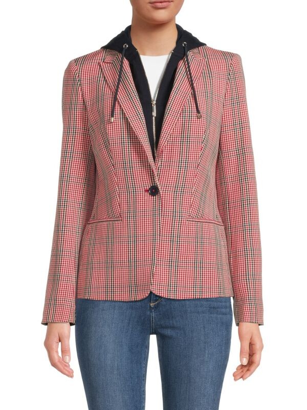 

Блейзер Tommy Hilfiger с капюшоном и принтом в мелкую клетку, розовый