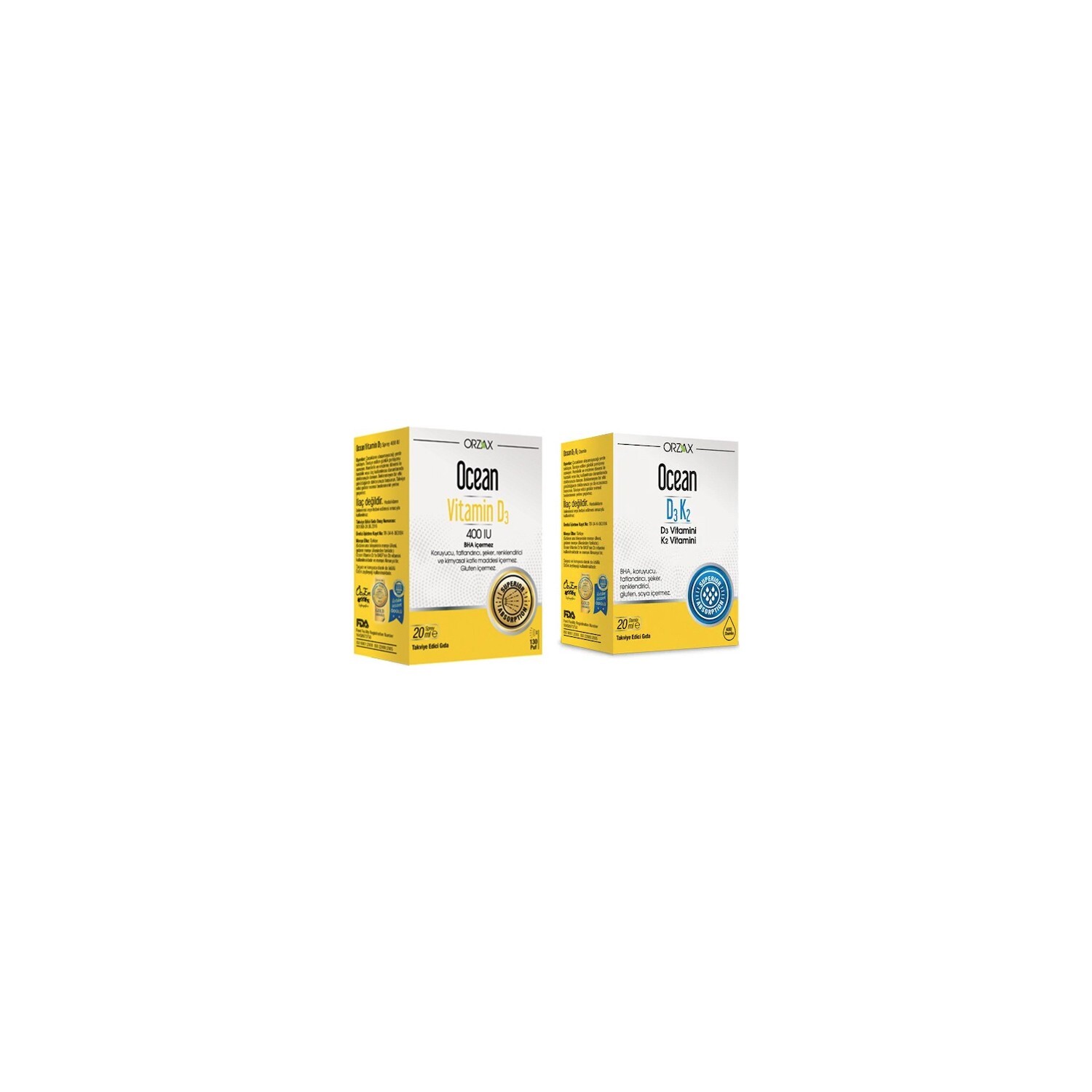 

Пищевая добавка Orzax Vitamin D3 400 МЕ, 20 мл + Витаминные капли D3 / K2, 20 мл