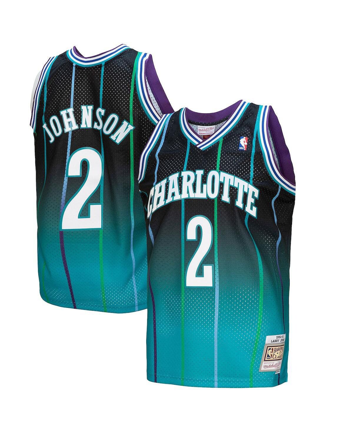 

Мужская футболка larry johnson teal, black charlotte hornets 1992/93 hardwood classics fadeaway swingman player jersey Mitchell & Ness, мульти
