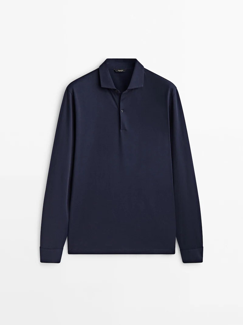

Рубашка-поло из микротекстурированного хлопка с длинными рукавами Massimo Dutti, синий