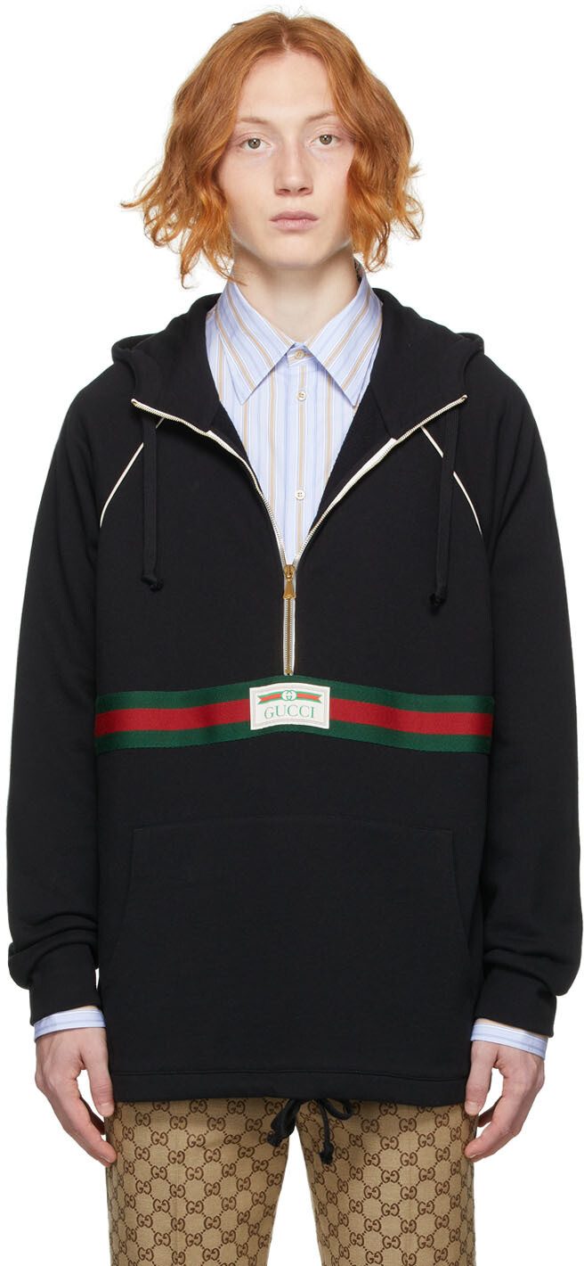 

Черный худи с молнией до половины из френча терри Gucci