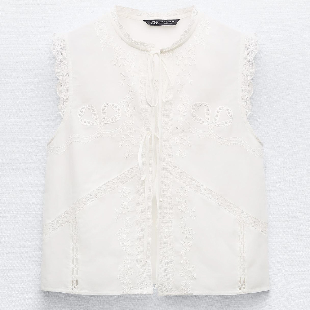 Топ Zara Embroidered With Ties, белый топ zara embroidered tulle черный