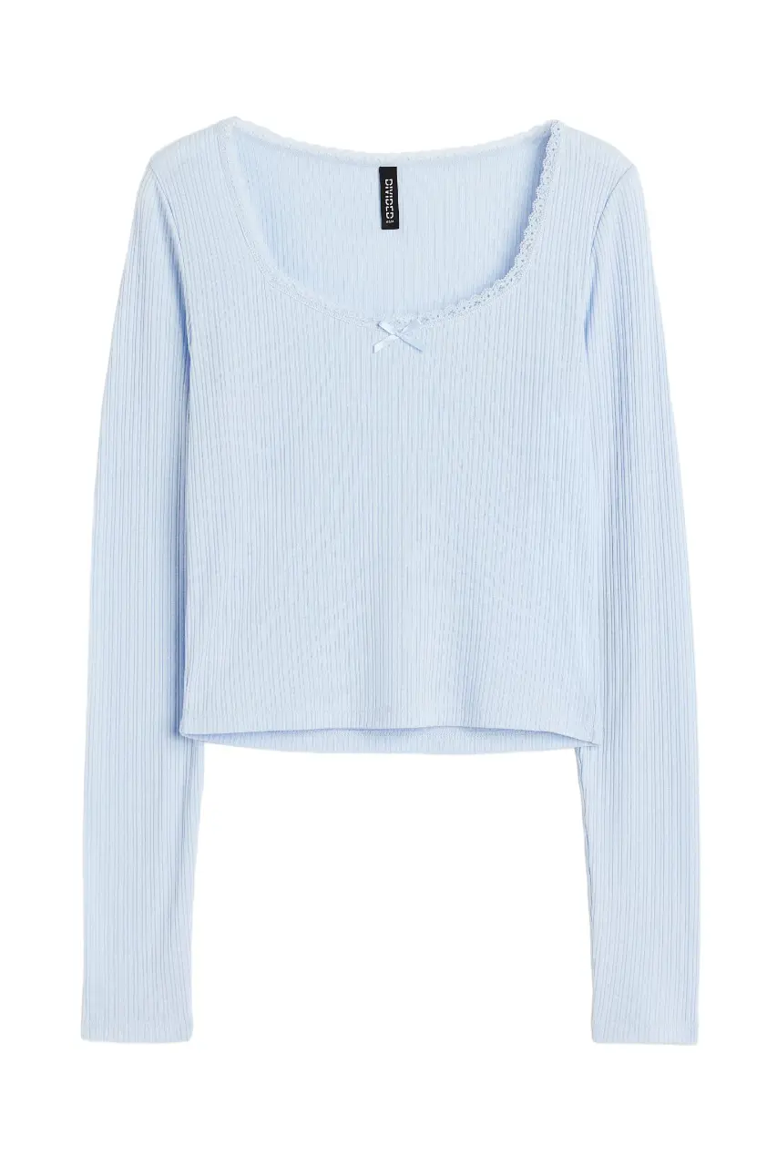 

Лонгслив H&M Lace-trimmed Ribbed, голубой, Синий