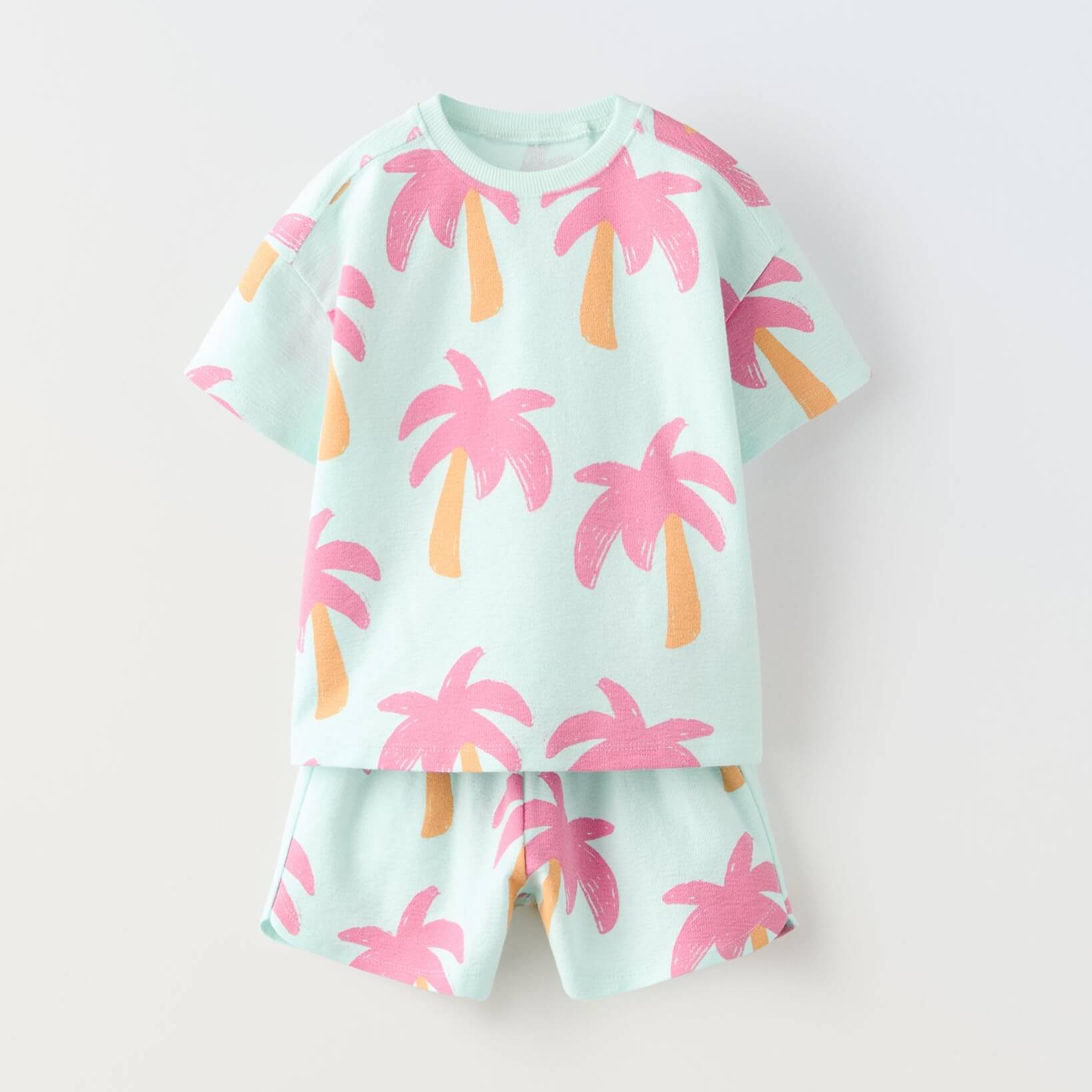 Комплект футболка + шорты Zara Summer Camp Palm Tree Print, бирюзовый/розовый шорты с аппликациями на 9 12 месяцев