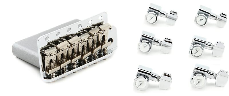 

Fender American Vintage Strat Tremolo Bridge Assembly — Хромированный комплект с замком Fender Stratocaster/Telecaster Tuning Machines Set — Chrome 0992049000=1 0990818100=1