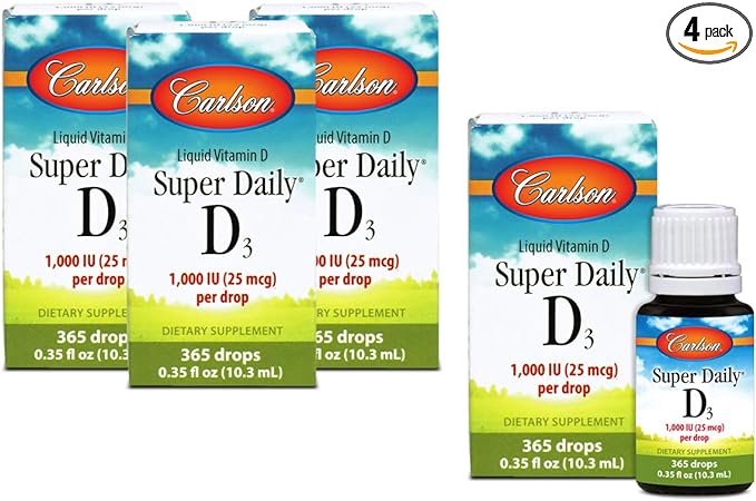carlson kids super daily d3 10 мкг 400 ме 365 вегетарианских капель 10 3 мл 0 35 жидк унции Carlson - Super Daily D3, 1000 МЕ (25 мкг) в капле, 365 капель (4 упаковки)
