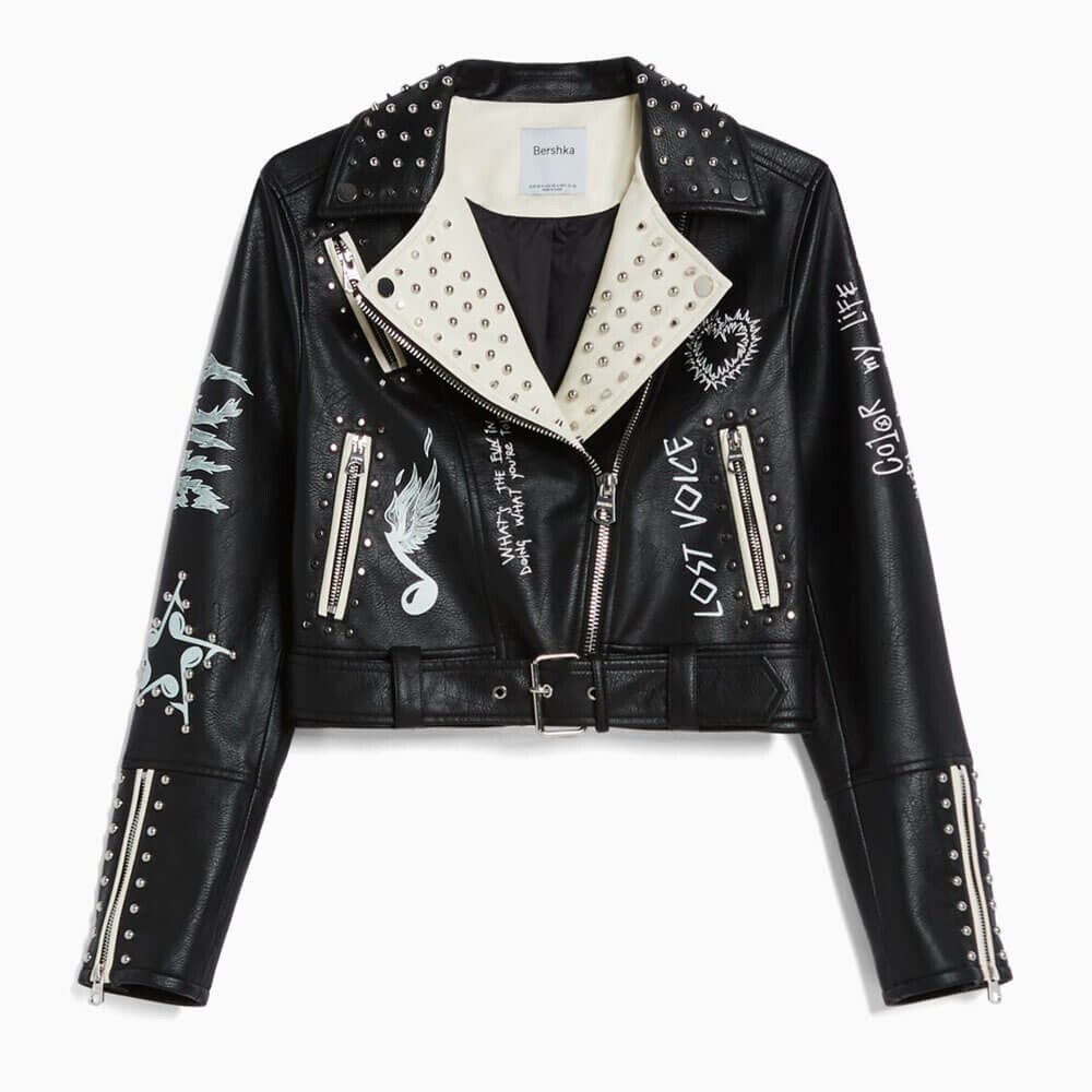

Куртка Bershka Studded Faux Leather Biker, черный/белый