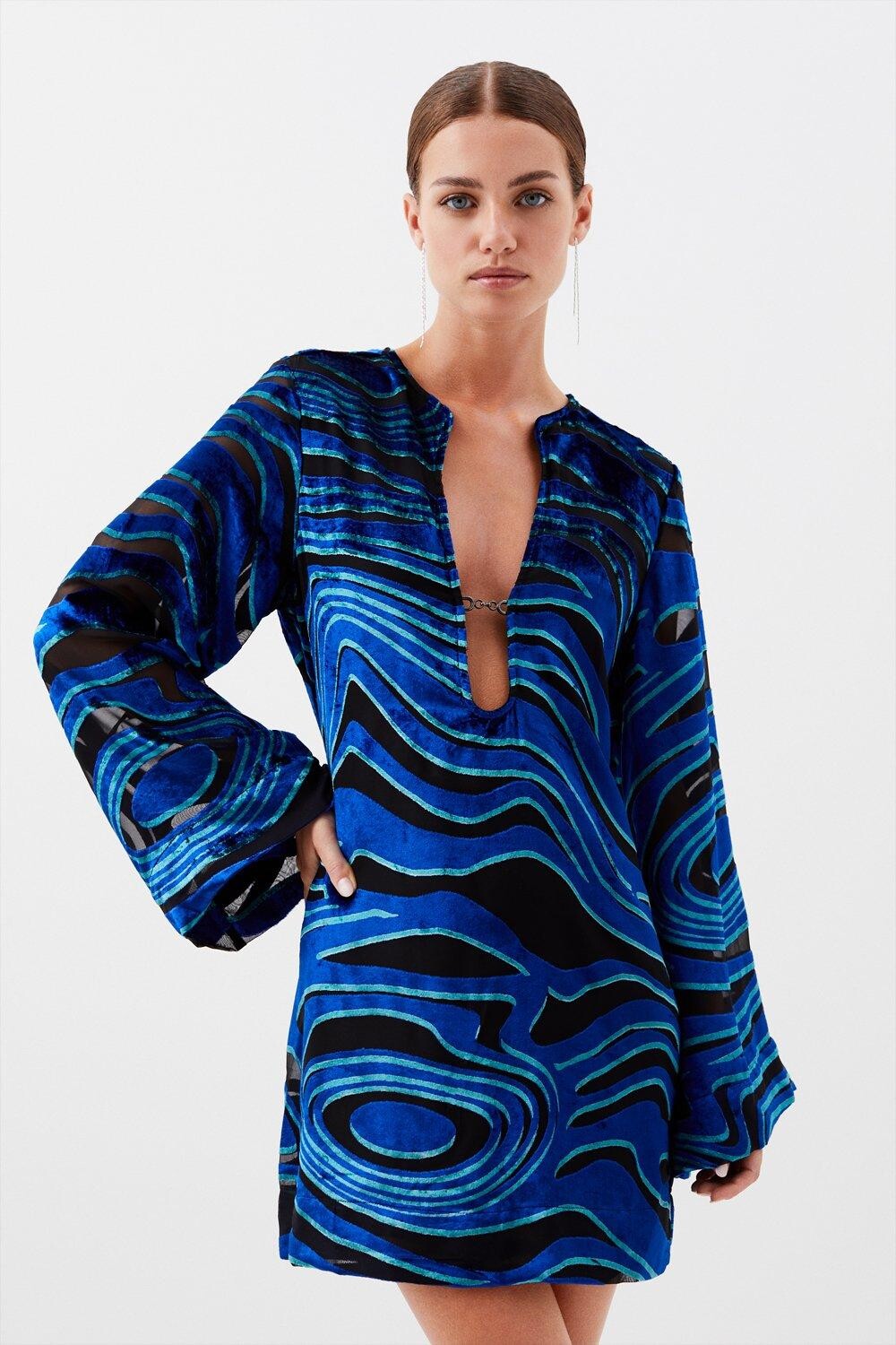 

Бархатное платье мини-футляра Petite Devore Karen Millen, синий