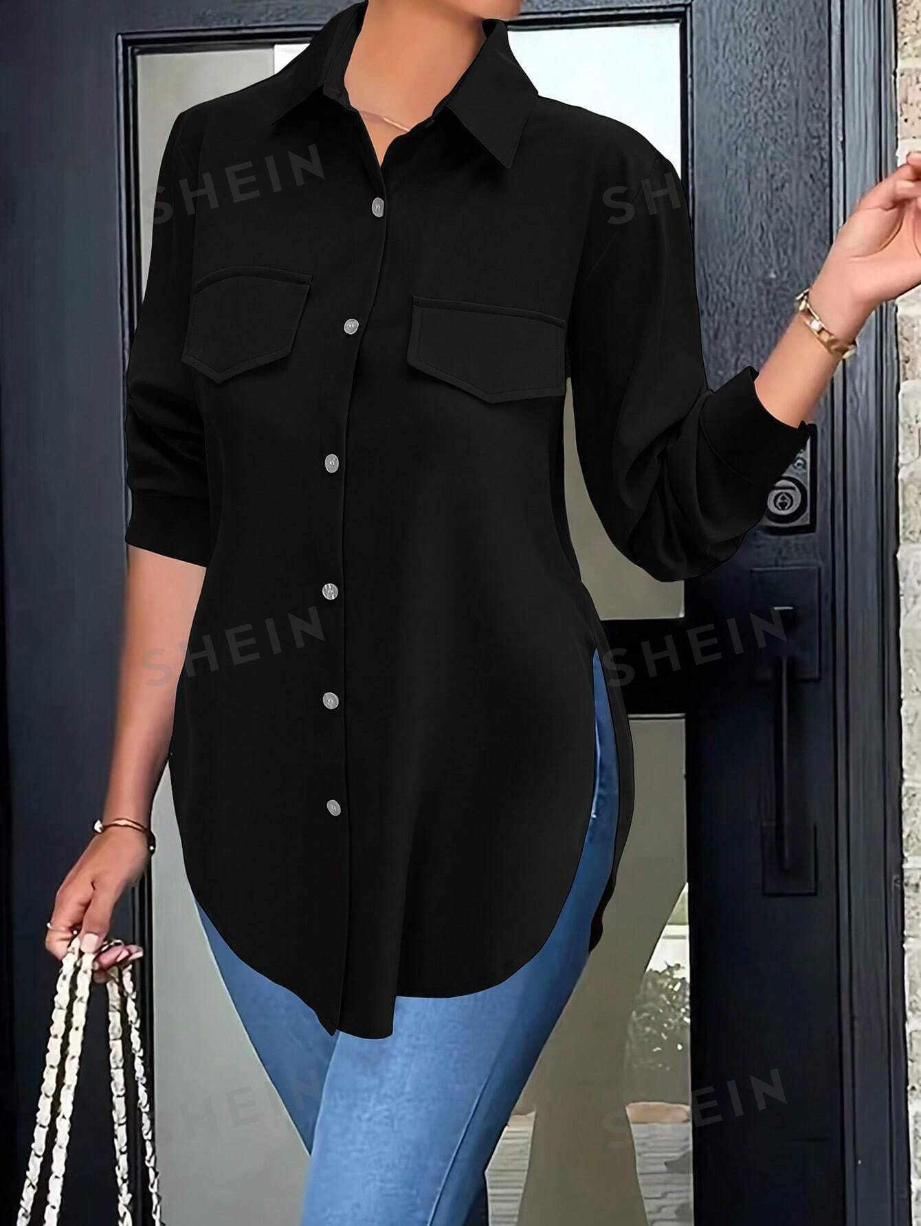 Женская однотонная повседневная рубашка с изогнутым подолом и боковым разрезом, черный женские комплекты из двух предметов модные повседневные прямые брюки с длинным рукавом и квадратным воротником