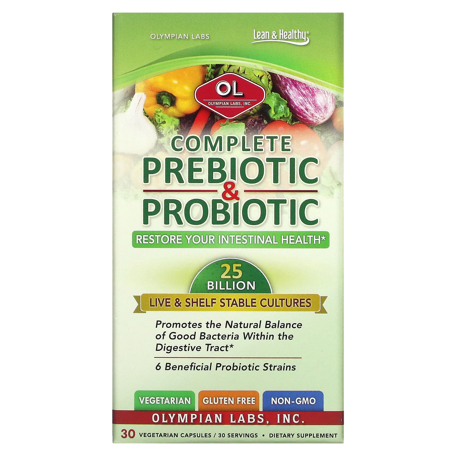 Olympian Labs Complete Prebiotic & Probiotic 30 Vegetarian Capsules olympian labs гороховый белок без запаха 843 75 грамма