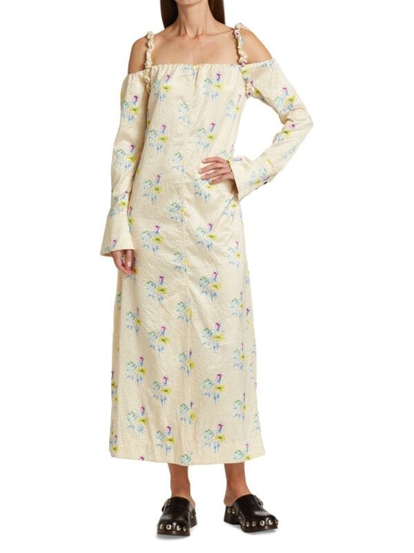 

Платье макси из жатого атласа с цветочным принтом GANNI Cream multicolor