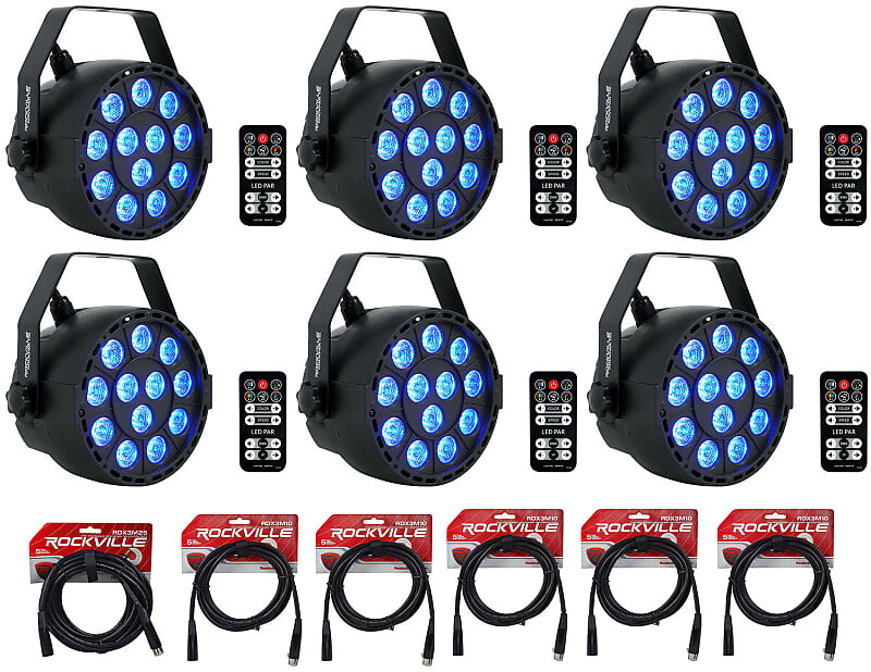 

6 Rockville RockPAR TRI LED RGB Par Cans DJ Black DMX Wash Lights+Remotes+Cables (6) ROCKPAR TRI BLACK+RDX3M25+RDX3M10