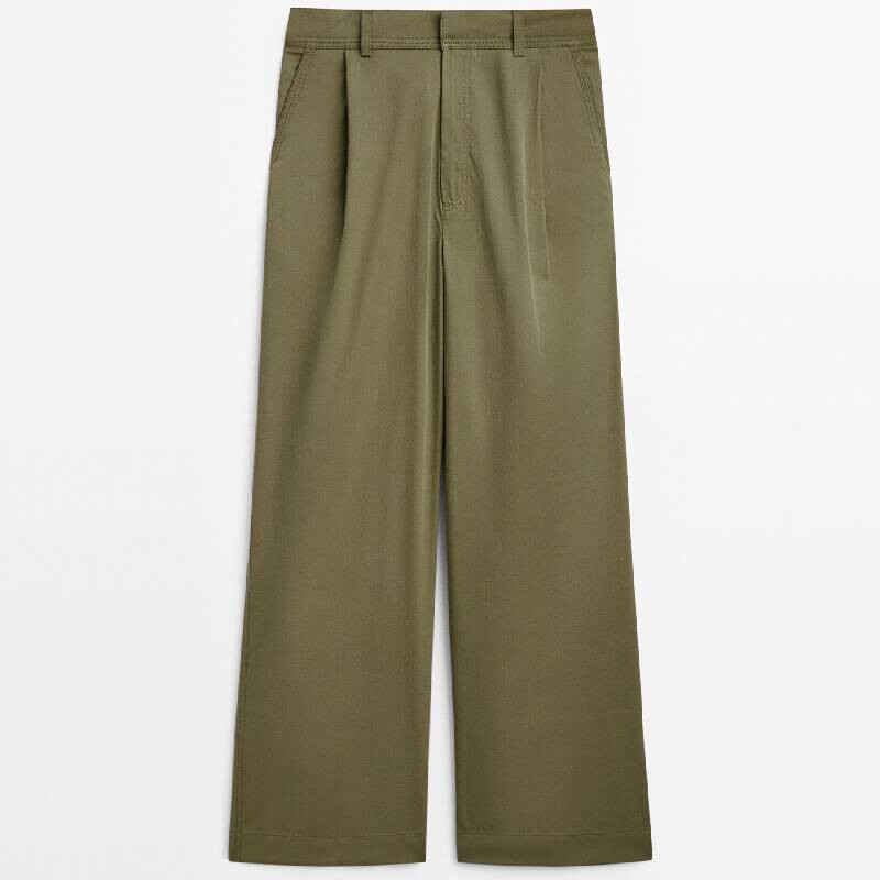 

Брюки Massimo Dutti Cotton Blend Darted Wide-Leg, хаки